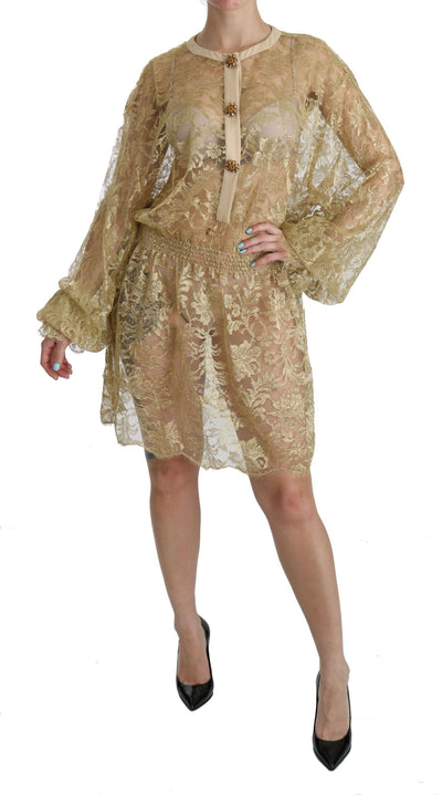 Dolce & Gabbana Elegant Gold Lace A-Line Knee Length Dress - Masuh best bargains 