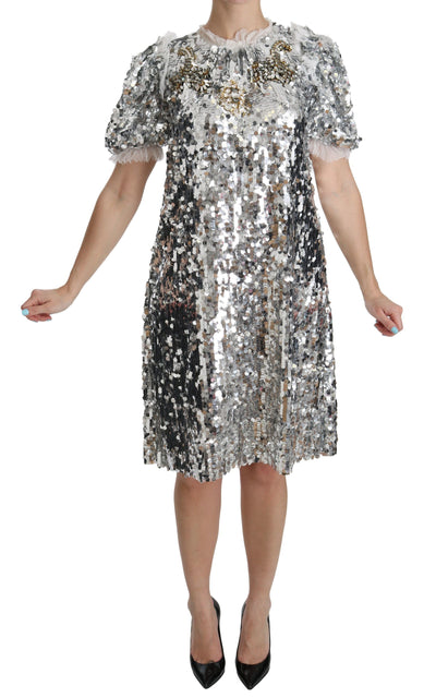 Dolce & Gabbana Elegant Silver A-Line Dress with Crystal Accents - Masuh best bargains 