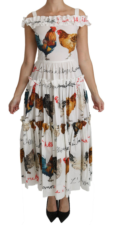 Dolce & Gabbana Elegant White Rooster Print Sheath Midi Dress - Masuh best bargains 