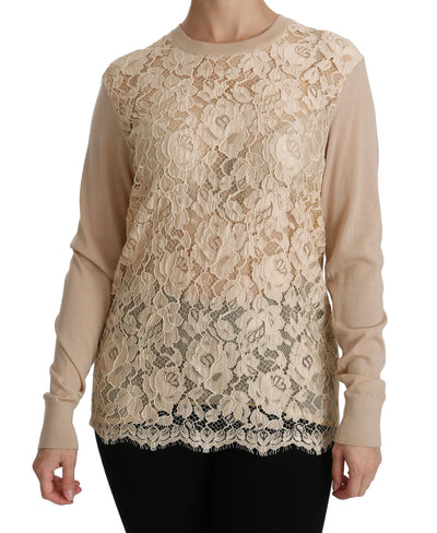 Dolce & Gabbana Elegant Beige Lace Crew Neck Cashmere Blouse - Masuh best bargains 