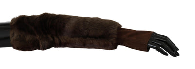 Dolce & Gabbana Elegant Brown Fur & Leather Elbow-Length Gloves - Masuh best bargains 