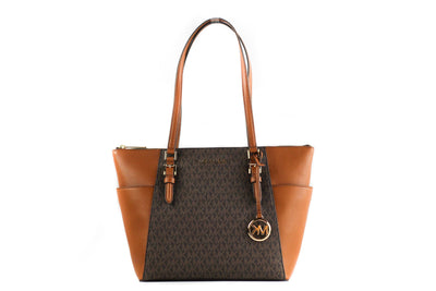Michael Kors Charlotte Signature Leather Large Top Zip Tote Handbag Bag (Brown) - Masuh best bargains 