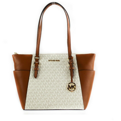 Michael Kors Charlotte Signature Leather Large Top Zip Tote Handbag Bag (Vanilla) - Masuh best bargains 
