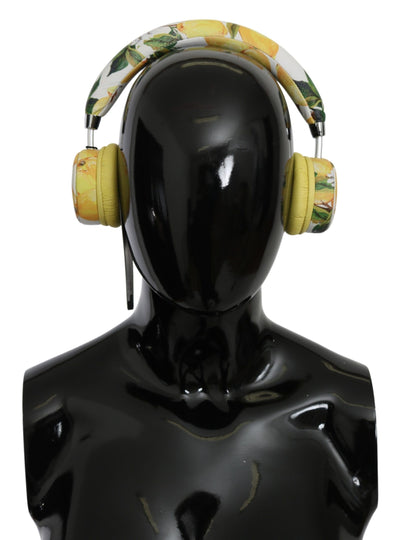 Dolce & Gabbana Chic White Leather Headphones with Yellow Print - Masuh best bargains 