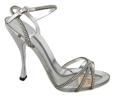 Dolce & Gabbana Silver Leather Ankle Strap Sandals with Crystals - Masuh best bargains 