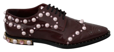 Dolce & Gabbana Elegant Bordeaux Lace-Up Flats with Pearls and Crystals - Masuh best bargains 