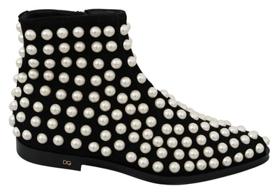 Dolce & Gabbana Chic Black Suede Ankle Boots with Pearls - Masuh best bargains 