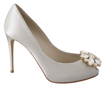 Dolce & Gabbana White Crystal Peep Toe Silk Blend Heels - Masuh best bargains 