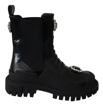 Dolce & Gabbana Elegant Black Leather Combat Boots with Crystal Detail - Masuh best bargains 