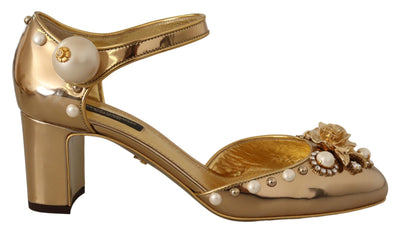 Dolce & Gabbana Elegant Gold Leather Block Heels with Crystals - Masuh best bargains 