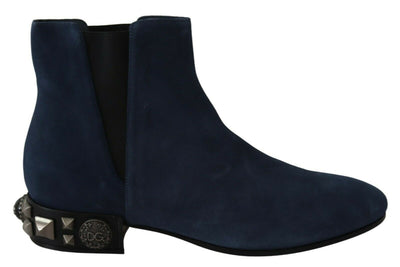 Dolce & Gabbana Chic Blue Suede Mid-Calf Boots with Stud Details - Masuh best bargains 