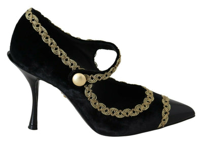 Dolce & Gabbana Elegant Gold-Embroidered Black Velvet Pumps - Masuh best bargains 