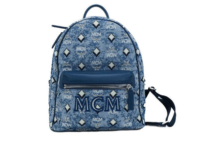 MCM Stark Small Blue Vintage Jacquard Monogram Logo Fabric Backpack Bookbag - Masuh best bargains 