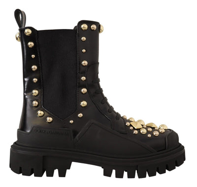Dolce & Gabbana Studded Leather Combat Boots with Embroidery - Masuh best bargains 