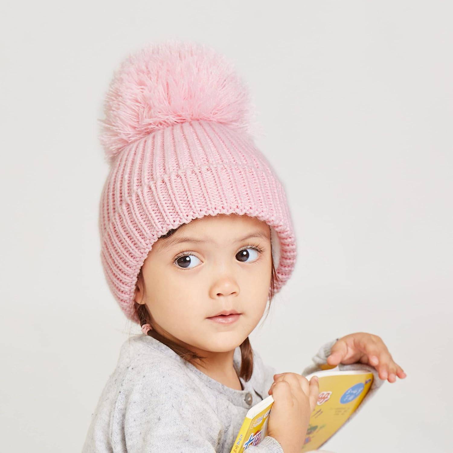 Winter Warm Knitted Baby Hats for Girls Pom Pom Kid Toddler Boys Beanies Cap with Fleece Lining