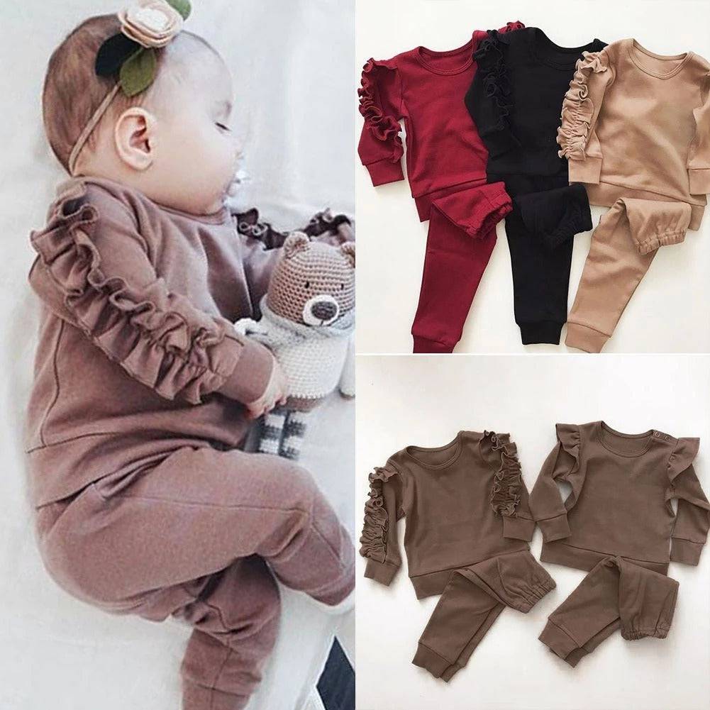 Newborn Baby Boys and Girls Ruffles Jumper Solid Tops and Pants Infant Kids 2Pcs Outfits Clothes Set . - Masuh best bargains 