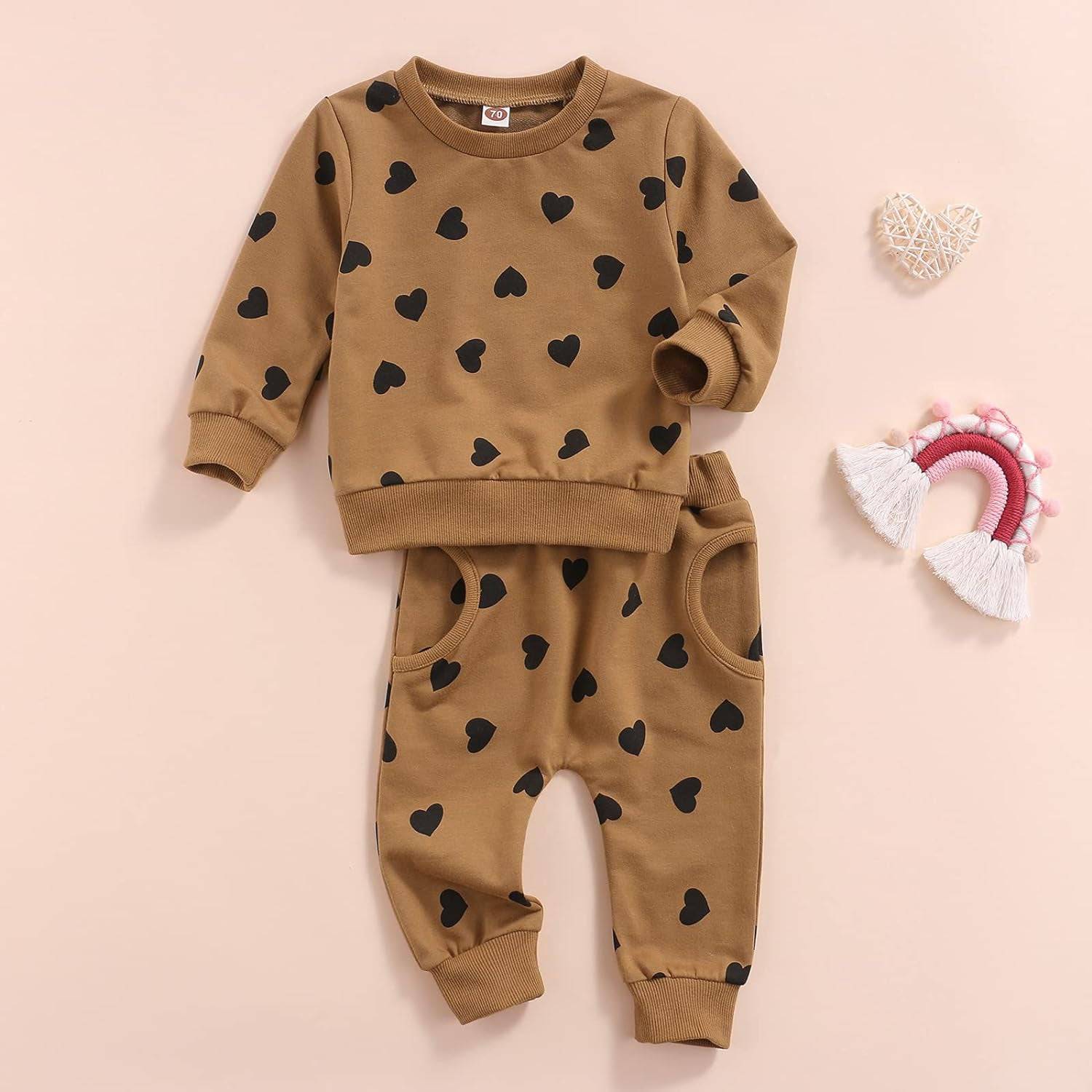 Newborn Baby Girl Long Sleeve Pullover Floral Sweatshirt Long Pant Outfits Autumn Winter Clothes (Love Heart, 6-12 Months)