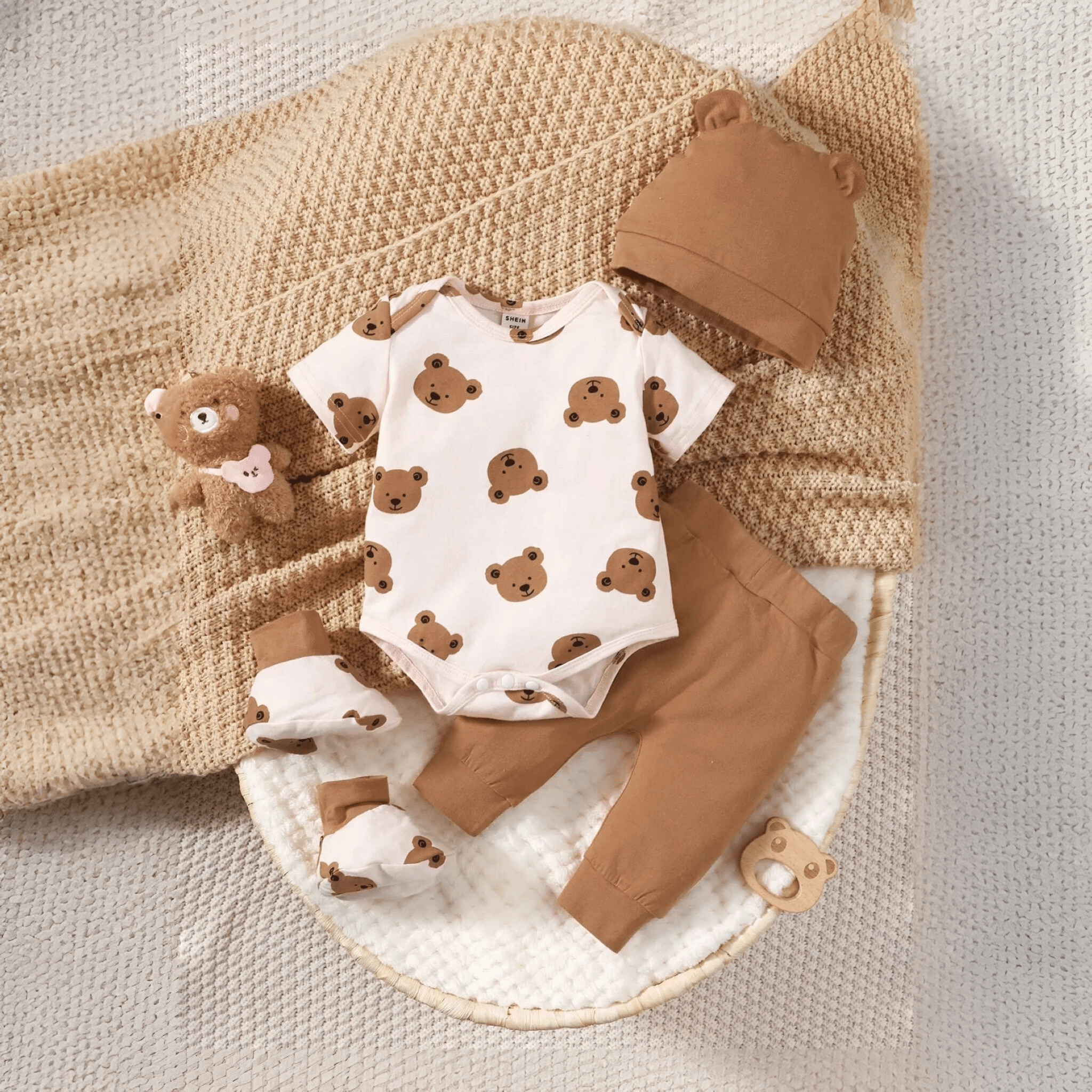 4PCS Clothing Set Newborn Baby Boy Bear Short Sleeve Romper+Pants+Hat+Socks - Masuh best bargains 