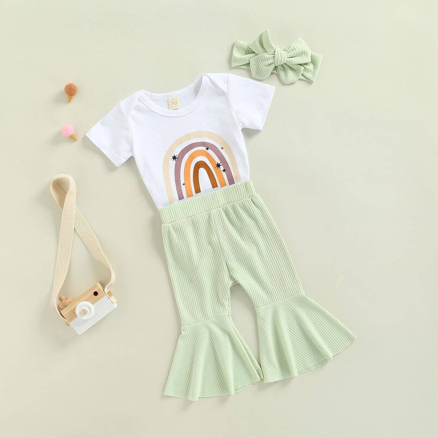 Newborn Baby Girls Clothes Cotton Suit Cute Baby Kid Infant Toddler Play Wear Fall Winter Rainbow Outfits (Short Sleeve & Green 1, 3-6 Months)