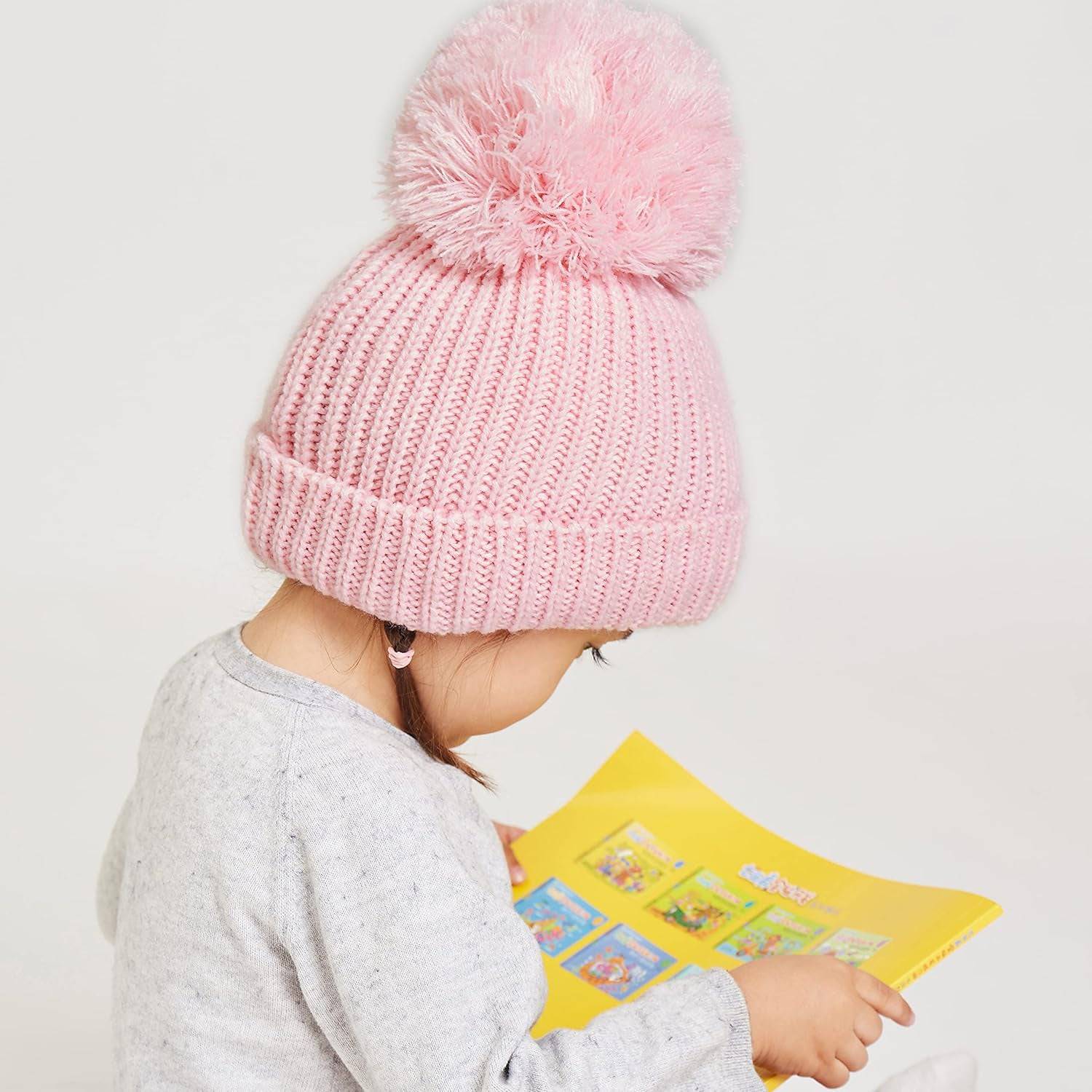 Winter Warm Knitted Baby Hats for Girls Pom Pom Kid Toddler Boys Beanies Cap with Fleece Lining