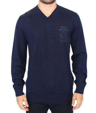 Ermanno Scervino Elegant Blue V-Neck Wool Blend Pullover - Masuh best bargains 
