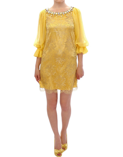 Dolce & Gabbana Yellow Lace Crystal Embellished Mini Dress - Masuh best bargains 