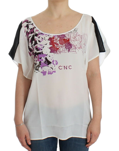 Costume National Chic White V-Neck Motive Print Tee - Masuh best bargains 