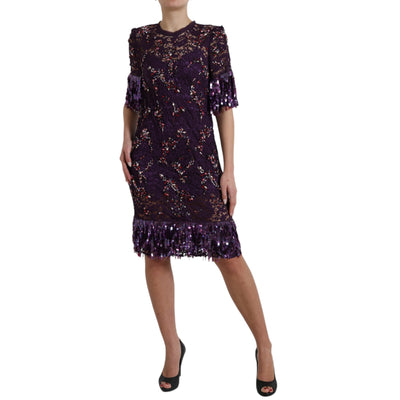 Dolce & Gabbana Elegant Purple Floral Lace Crystal Dress - Masuh best bargains 
