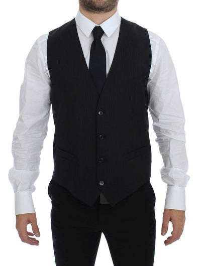Dolce & Gabbana Elegant Black Striped Wool Dress Vest - Masuh best bargains 