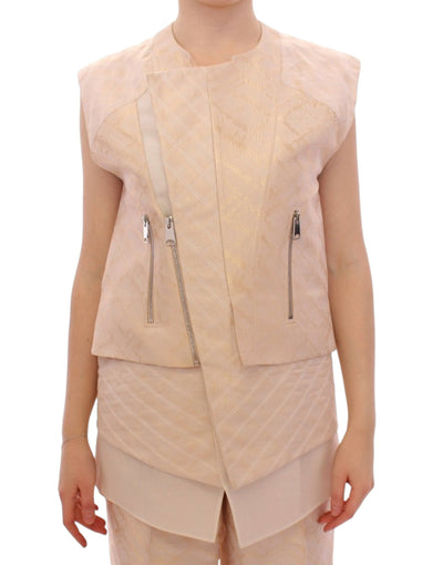 Zeyneptosun Exquisite Beige Brocade Sleeveless Jacket Vest - Masuh best bargains 