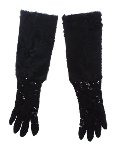 Dolce & Gabbana Black Wool Lace & Lamb Fur Elbow Gloves - Masuh best bargains 