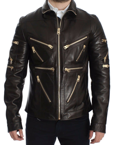 Dolce & Gabbana Elegant Brown Gold-Detailed Leather Jacket - Masuh best bargains 