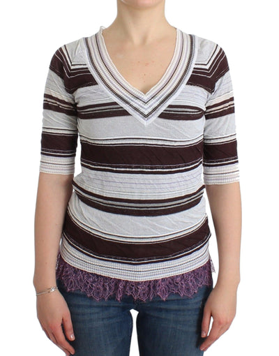 Ermanno Scervino Striped V-Neck Knit Top with Lace Hem - Masuh best bargains 