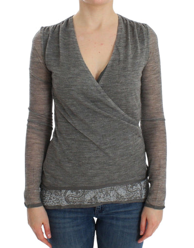 Ermanno Scervino Elegant Gray Wool Blend Deep V-neck Sweater - Masuh best bargains 