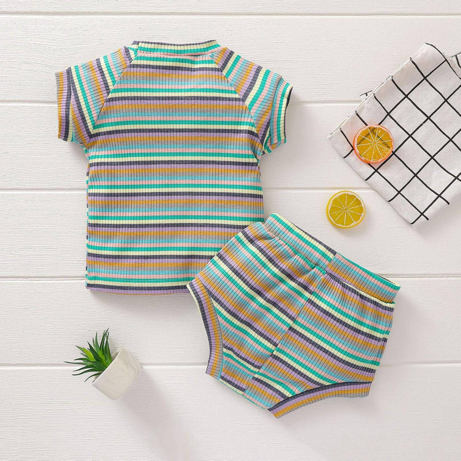 Newborn Baby Girl Boy Autume Clothes Long Sleeve Bodysuit Top+Flared Trousers Pant Set Solid Outfit 2Pcs (Shorts Set-Striped Blue&Green, 2-3 T)