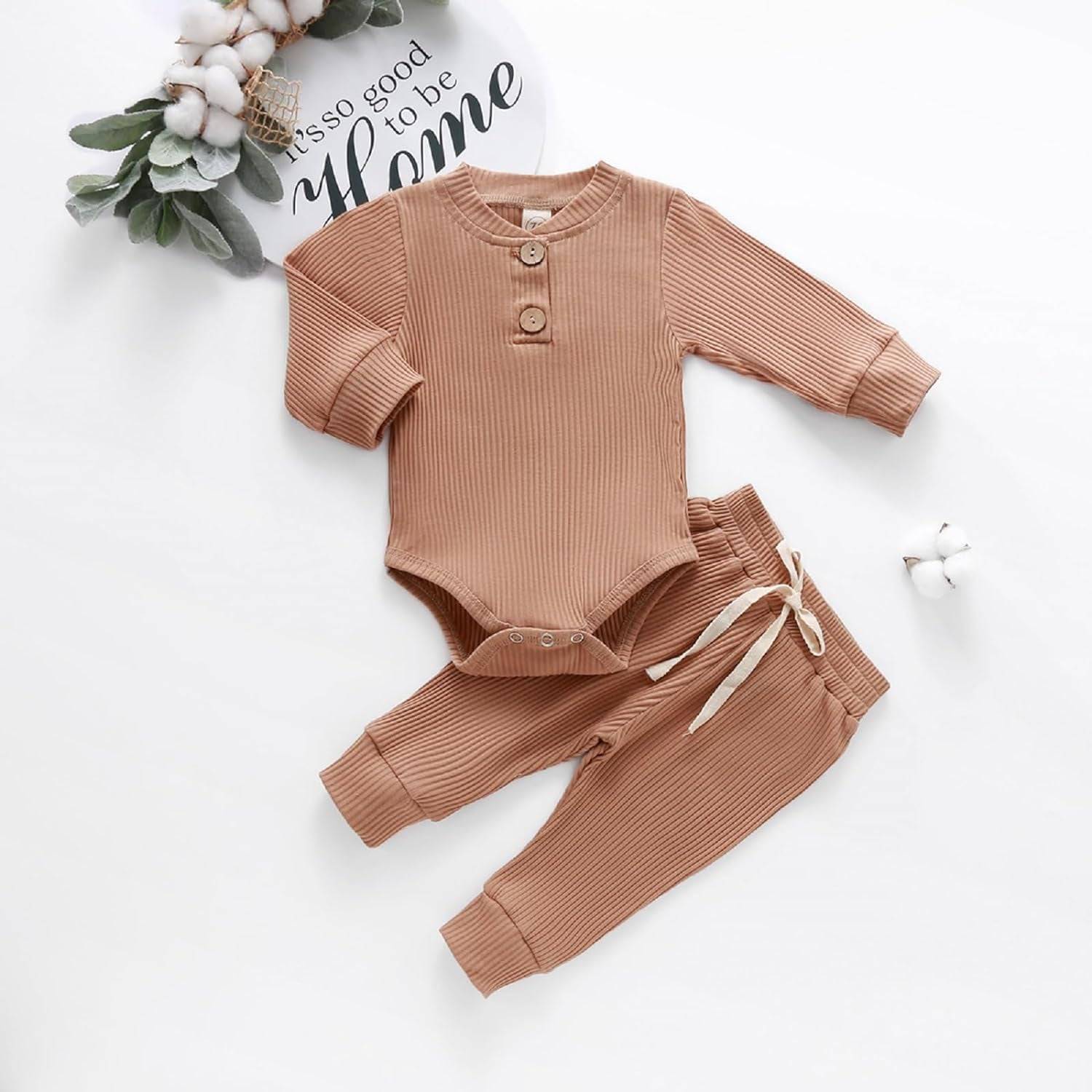 Newborn Baby Boy Girl Clothes Ribbed Knitted Cotton Long Sleeve Romper Long Pants Solid Color Fall Winter Outfits