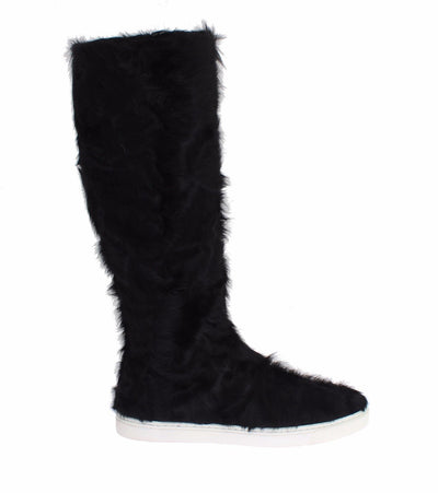 Dolce & Gabbana Elegant Black Fur Leather Flat Sneaker Boots - Masuh best bargains 