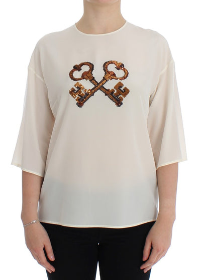 Dolce & Gabbana Ivory Sequined Silk Blouse Top - Masuh best bargains 