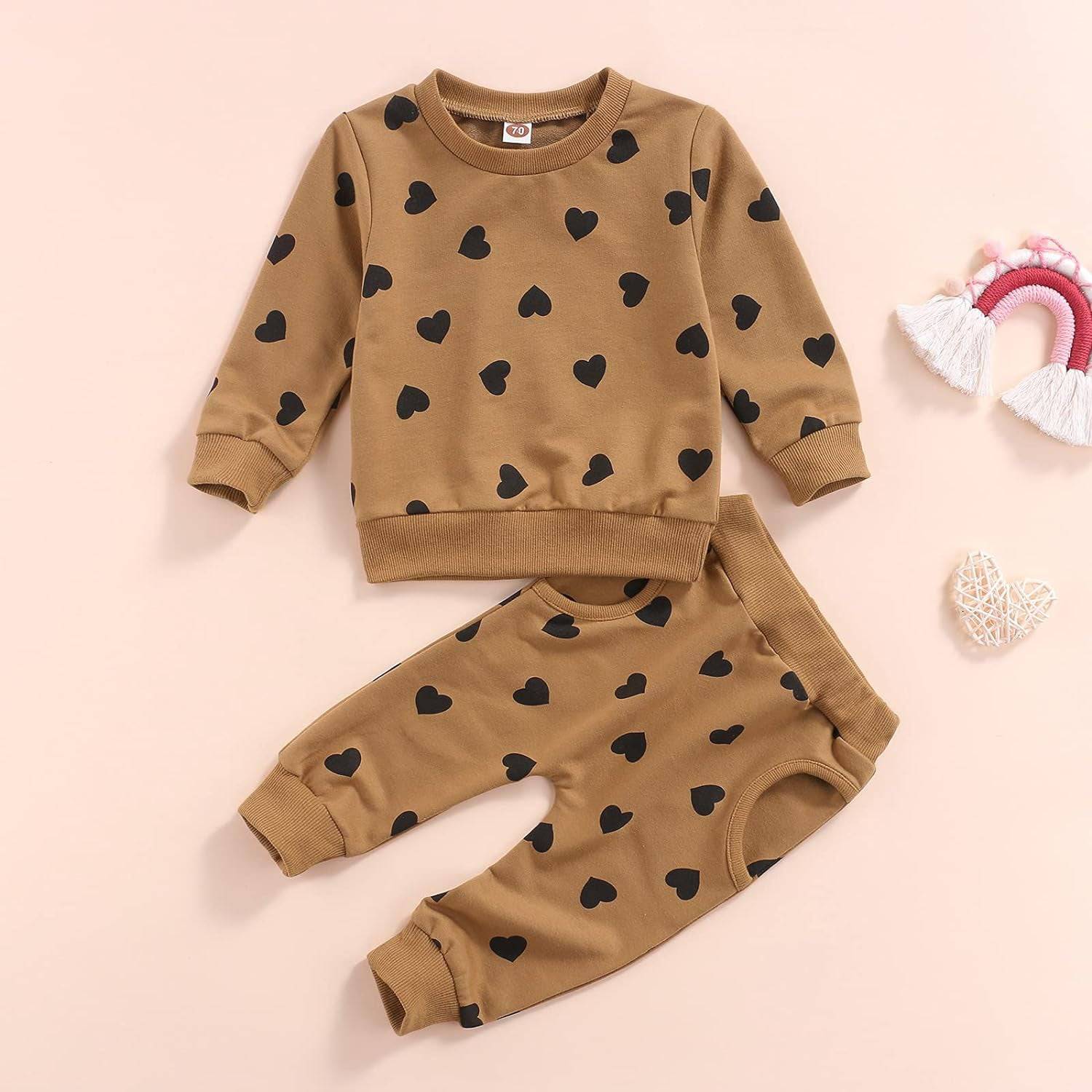 Newborn Baby Girl Long Sleeve Pullover Floral Sweatshirt Long Pant Outfits Autumn Winter Clothes (Love Heart, 6-12 Months)