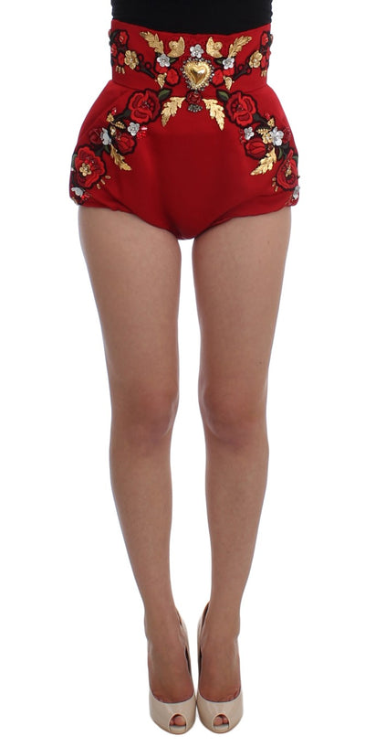 Dolce & Gabbana Red Silk Crystal-Embellished High Waist Shorts - Masuh best bargains 