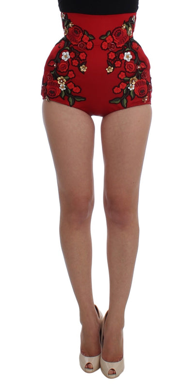 Dolce & Gabbana Glamorous Red Silk Floral Embroidered Shorts - Masuh best bargains 