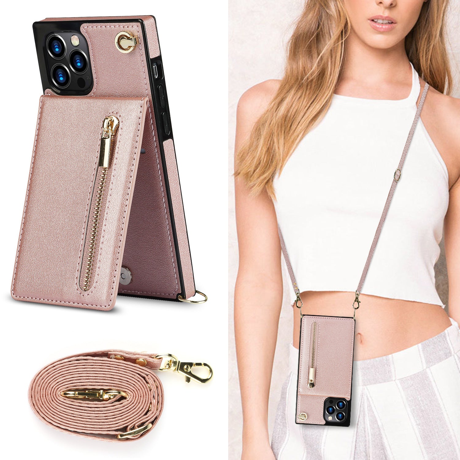 Stylish pink zipper crossbody phone case for Samsung models with detachable strap, blending beauty and functionality.