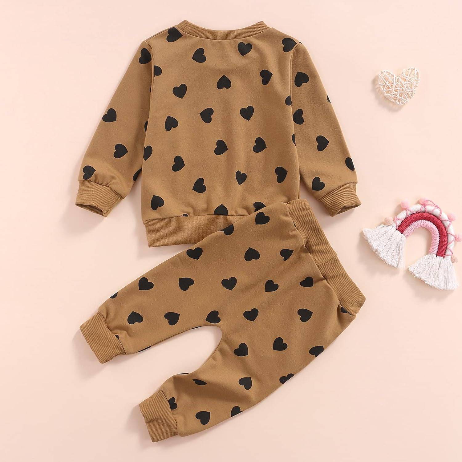 Newborn Baby Girl Long Sleeve Pullover Floral Sweatshirt Long Pant Outfits Autumn Winter Clothes (Love Heart, 6-12 Months)