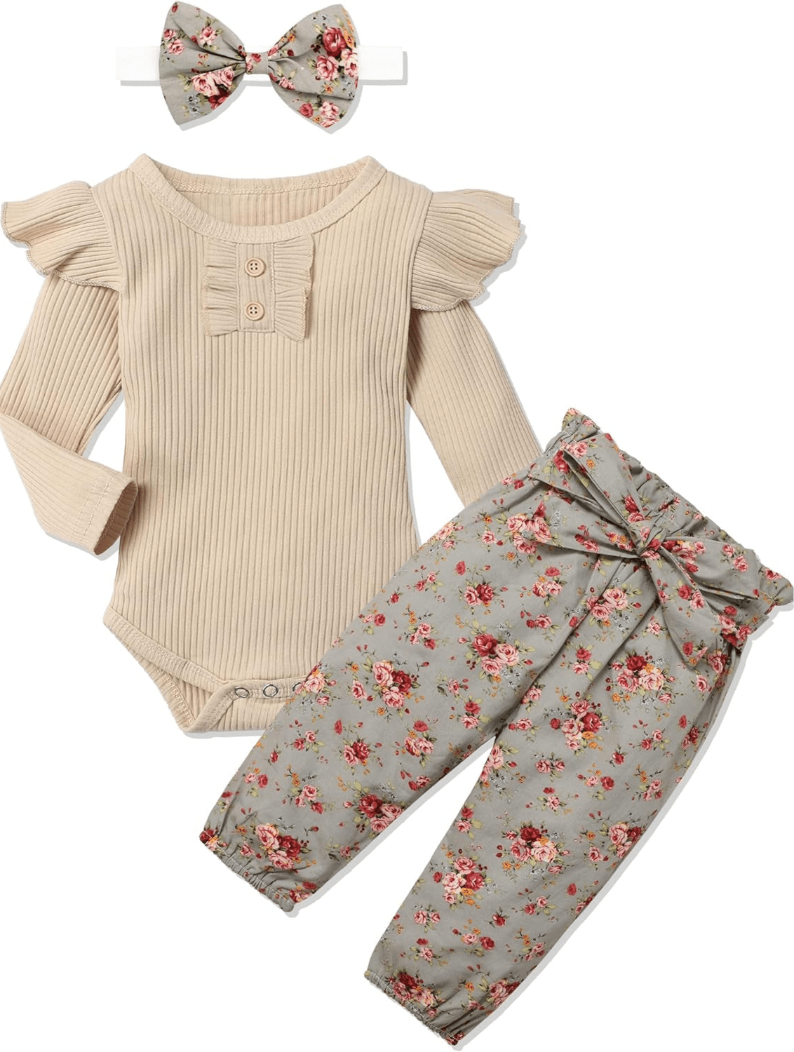 Newborn Baby Girl Clothes Ribbed Ruffle Sleeve Romper + Floral Pants + Headband Cute Infant Baby Girl Outfit 3Pcs - Masuh best bargains 