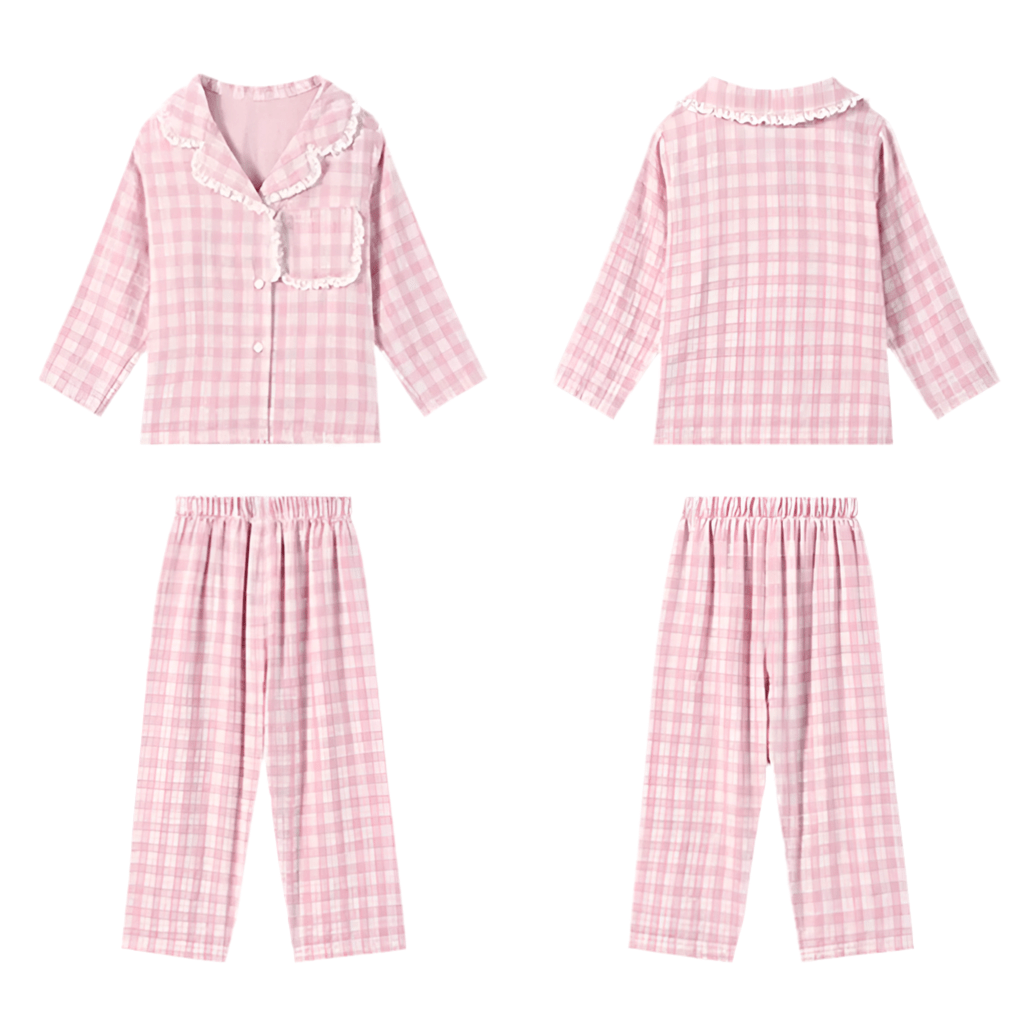 Girl's Turndown Collar Pink Plaid Pajama Sets Cute Kid Vintage Toddler Kid‘s Pyjamas Set Sleep Loungewear Children’s Clothing - Masuh best bargains 