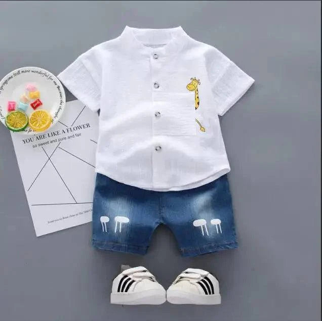 Baby Boys Shirt Cartoon Tops Denim Shorts Pants Outfits Set - Masuh best bargains 