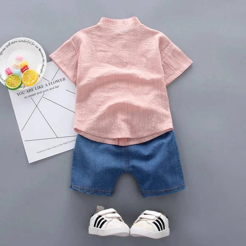 Baby Boys Shirt Cartoon Tops Denim Shorts Pants Outfits Set - Masuh best bargains 