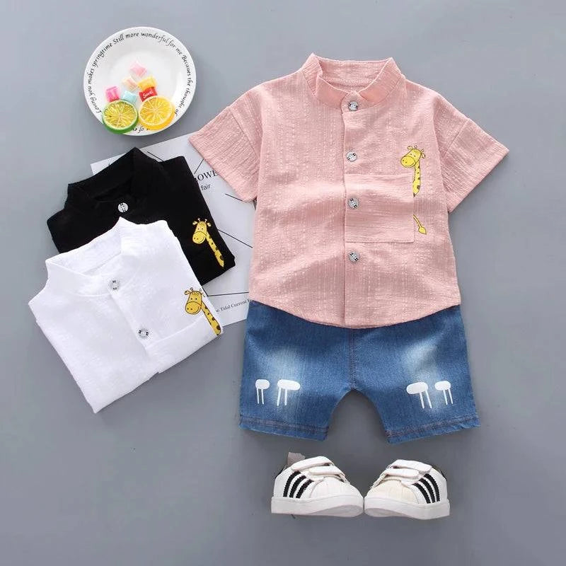 Baby Boys Shirt Cartoon Tops Denim Shorts Pants Outfits Set - Masuh best bargains 