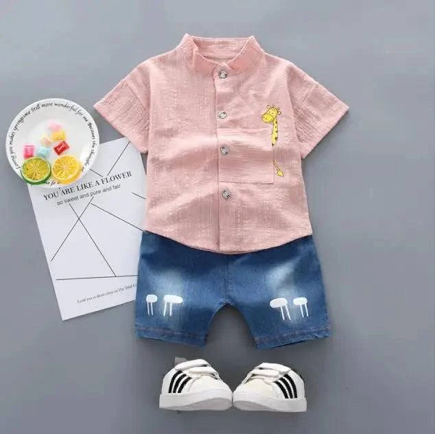 Baby Boys Shirt Cartoon Tops Denim Shorts Pants Outfits Set - Masuh best bargains 