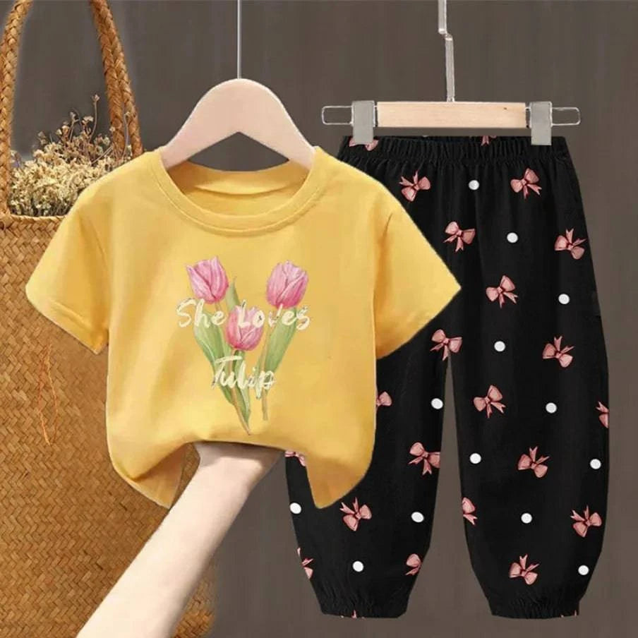 Summer Sets Children's Clothing Girls Kids Toddler Clothes Cute Fashion T-shirt Top Pants 2PCS Baby Girl Clothes - Masuh best bargains 